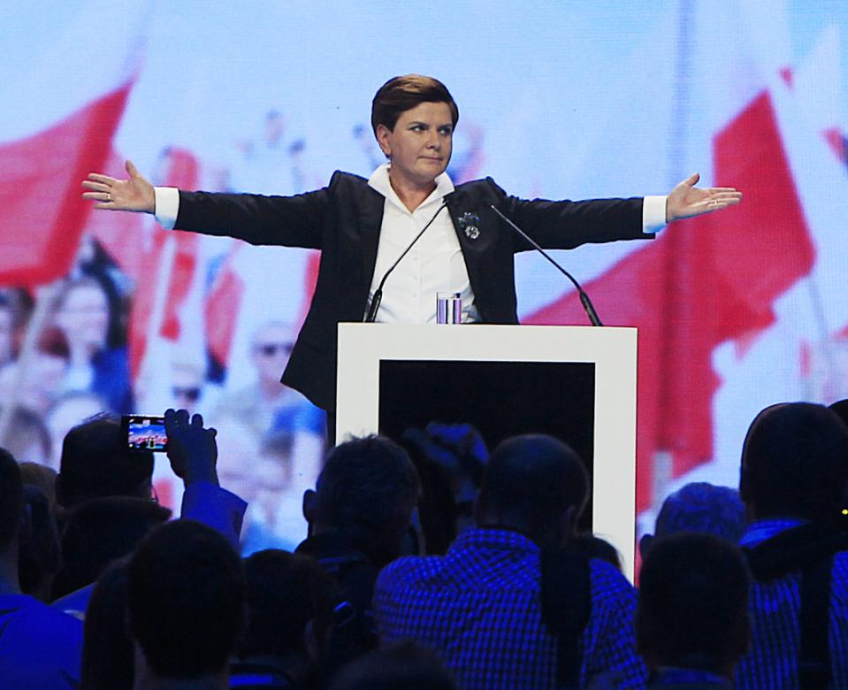 Opposition partys candidate for prime minister, Beata Szydlo, speaks during the Law and Justice electoral convention in Warsaw, Poland, on Saturday, June 20, 2015. She is deputy head of the conservative Law and Justice party and heads its electoral campaign for the fall general elections. (AP Photo/Czarek Sokolowski)